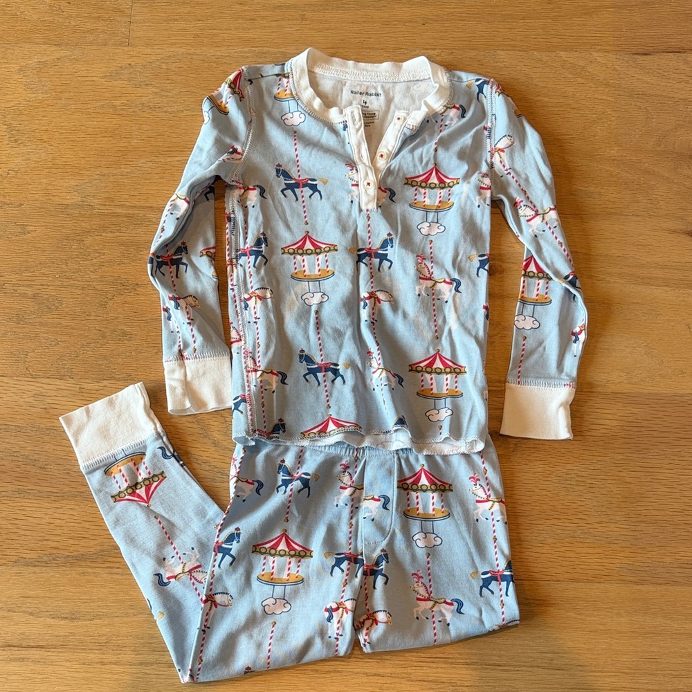 Roller Rabbit Light Blue Carousel Print Kids Pajama Set 4T